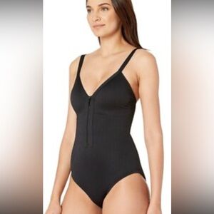 Kate Spade Black One-Piece Swimsuit V-Neck Zip Front size L